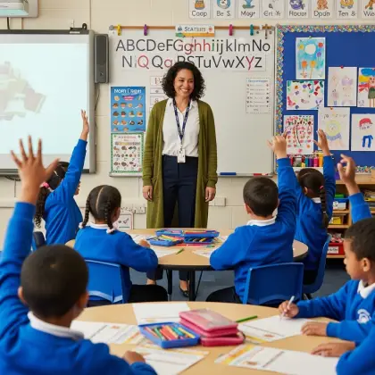 A dedicated woman teaches a group of engaged children in a classroom, highlighting the vital role of women in education.